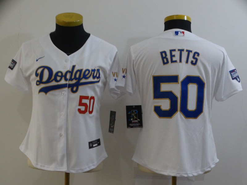 Women Dodgers 50 Mookie Betts White Women Nike 2021 Gold Program Cool Base Jersey