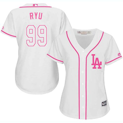 Dodgers #99 Hyun-Jin Ryu White Pink Fashion Women's Stitched MLB Jersey