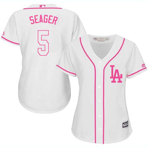 Dodgers #5 Corey Seager White Pink Fashion Women's Stitched MLB Jersey