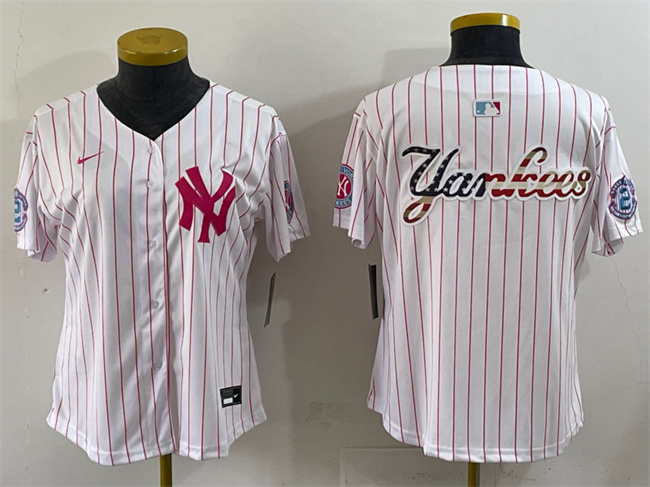 Women's New York Yankees Team Big Logo White Pink Pinstripe Limited Stitched Baseball Jersey 005(Run Small)