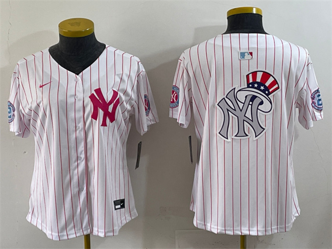 Women's New York Yankees Team Big Logo White Pink Pinstripe Limited Stitched Baseball Jersey 004(Run Small)