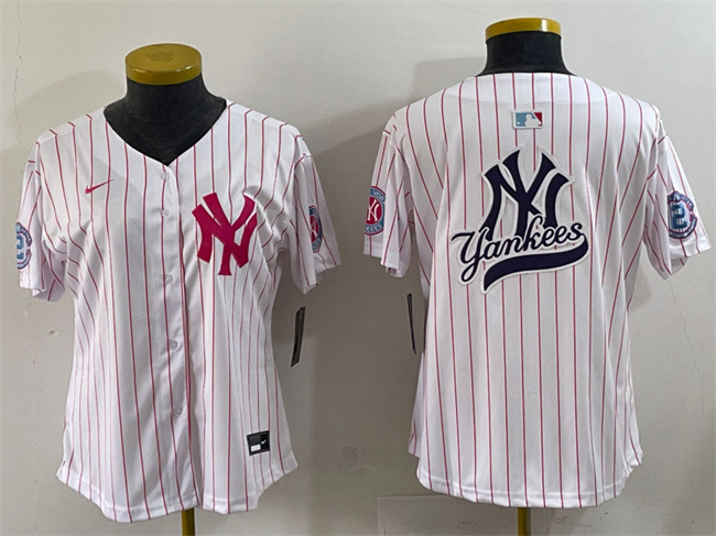 Women's New York Yankees Team Big Logo White Pink Pinstripe Limited Stitched Baseball Jersey 003(Run Small)