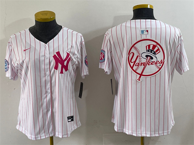 Women's New York Yankees Team Big Logo White Pink Pinstripe Limited Stitched Baseball Jersey 002(Run Small)