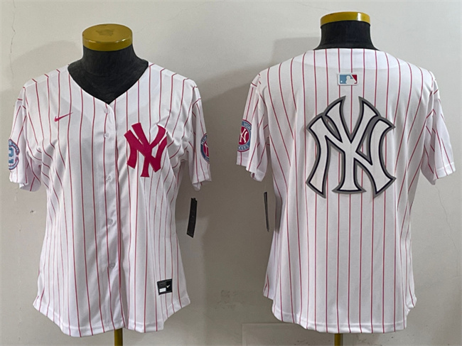Women's New York Yankees Team Big Logo White Pink Pinstripe Limited Stitched Baseball Jersey 001(Run Small)