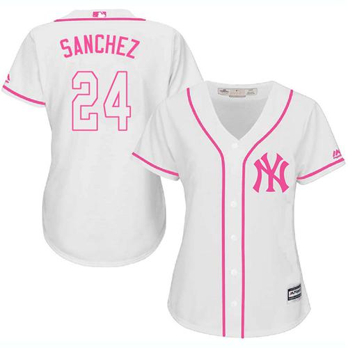 Yankees #24 Gary Sanchez White Pink Fashion Women's Stitched MLB Jersey