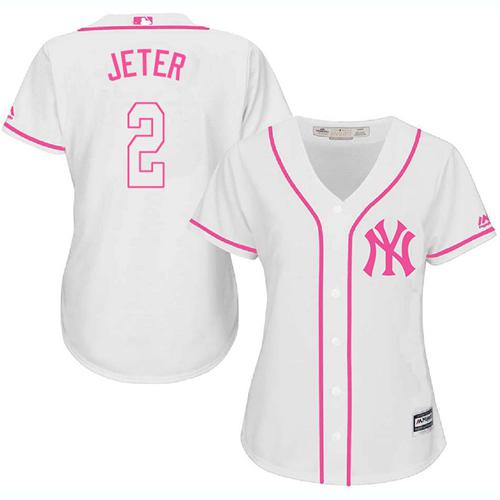 Yankees #2 Derek Jeter White Pink Fashion Women's Stitched MLB Jersey