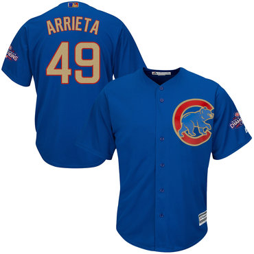 Cubs 49 Jake Arrieta Blue World Series Champions Gold Program Cool Base Jersey