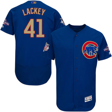 Cubs 41 John Lackey Blue World Series Champions Gold Program Flexbase Jersey