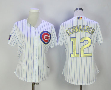Cubs 12 Kyle Schwarber White Women 2017 Gold Program Cool Base Jersey