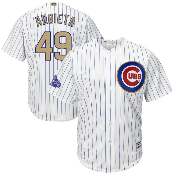Cubs 49 Jake Arrieta White World Series Champions Gold Program Cool Base Jersey