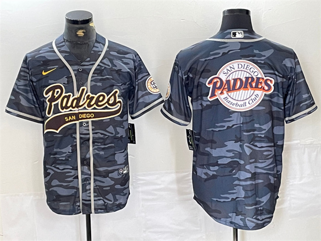 Men's San Diego Padres Gray Camo Team Big Logo Cool Base Stitched Baseball Jersey 4