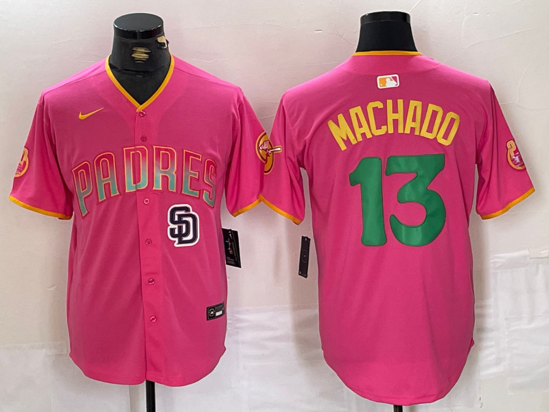 Men's San Diego Padres #13 Manny Machado Pink Cool Base Stitched Baseball Jersey 4