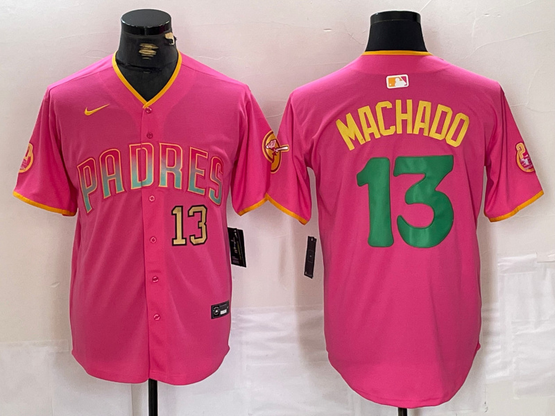 Men's San Diego Padres #13 Manny Machado Pink Cool Base Stitched Baseball Jersey 3