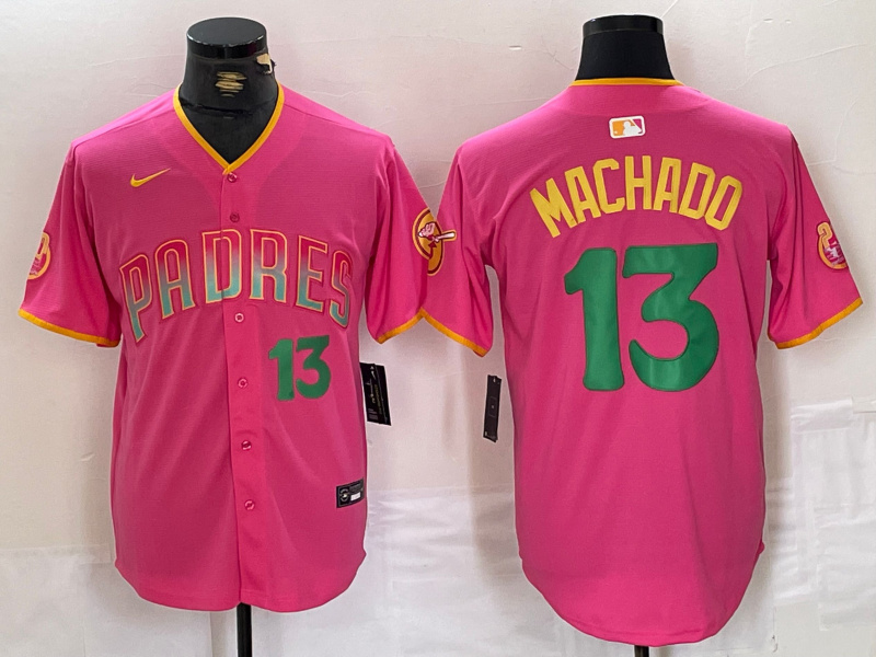 Men's San Diego Padres #13 Manny Machado Pink Cool Base Stitched Baseball Jersey 2