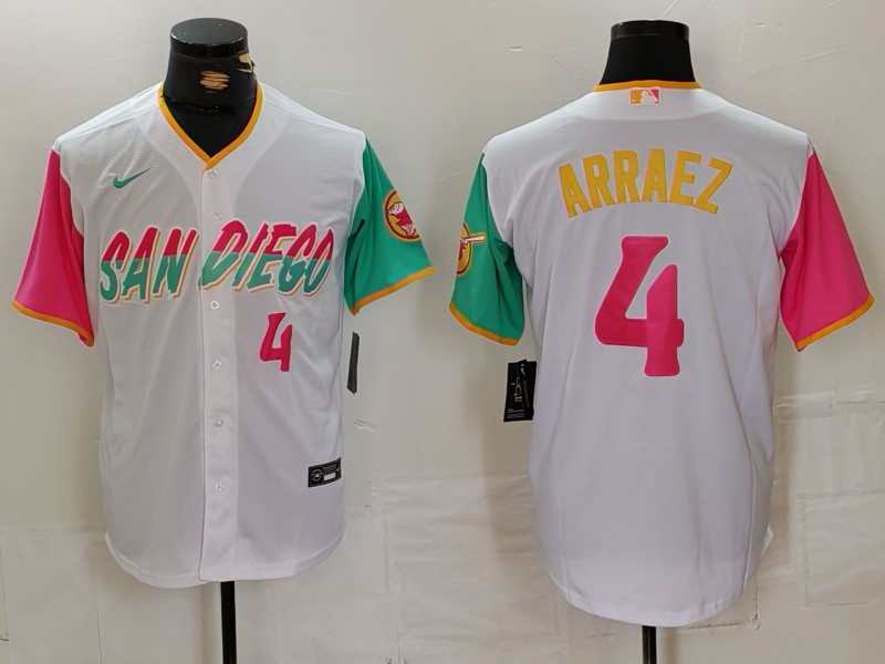 Men's San Diego Padres #4 Luis Arraez White City Connect Cool Base Stitched Baseball Jersey 3