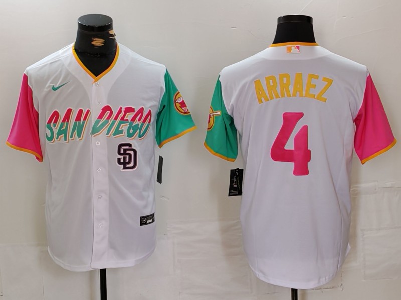 Men's San Diego Padres #4 Luis Arraez White City Connect Cool Base Stitched Baseball Jersey 1