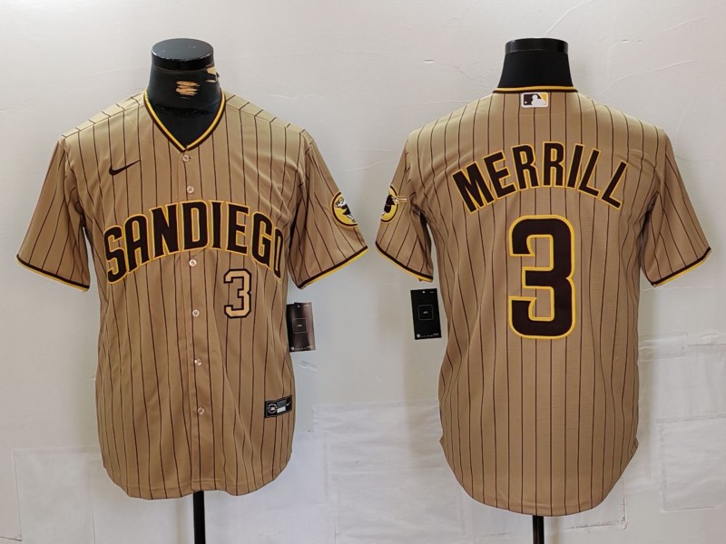 Men's San Diego Padres #3 Jackson Merrill Tan Cool Base Stitched Baseball Jersey 2