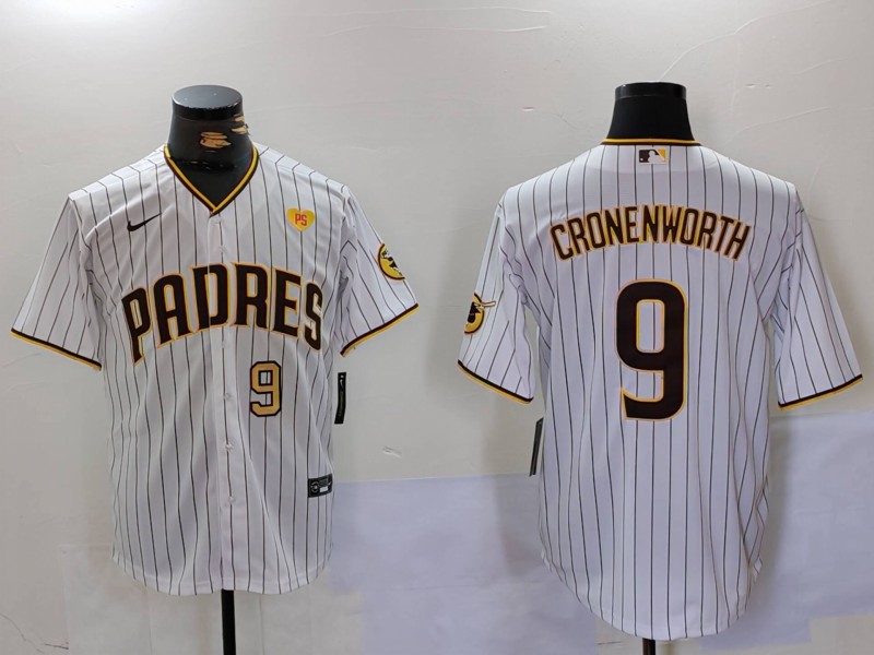 Men's San Diego Padres #9 Jake Cronenworth White With PS Patch Cool Base Stitched Baseball Jersey 9