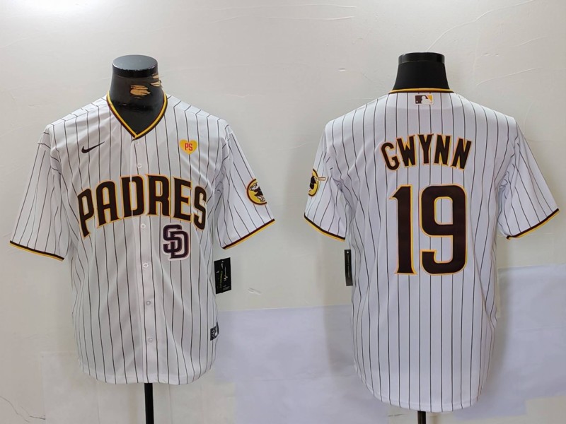Men's San Diego Padres #19 19 Tony Gwynn White With PS Patch Cool Base Stitched Baseball Jersey 2
