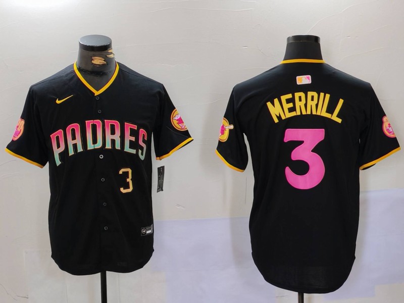Men's San Diego Padres #3 Jackson Merrill Black Cool Base Stitched Baseball Jersey 012