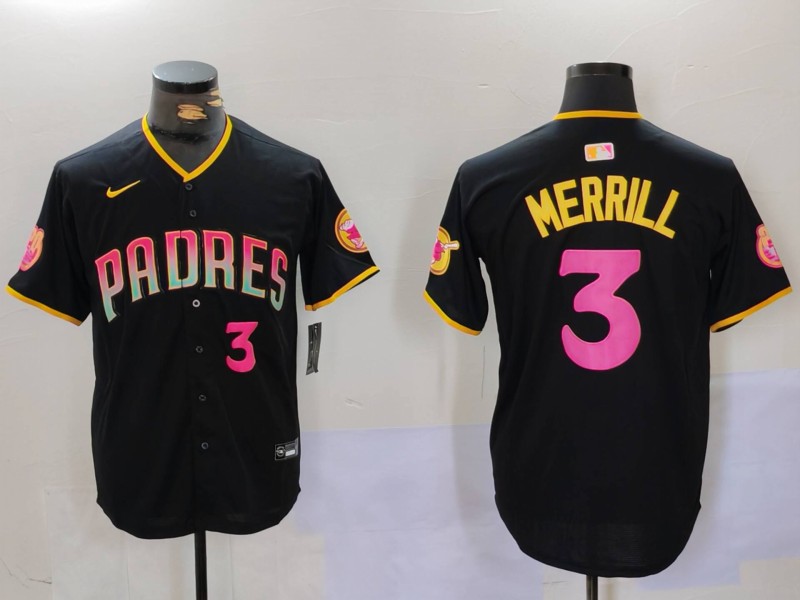 Men's San Diego Padres #3 Jackson Merrill Black Cool Base Stitched Baseball Jersey 011