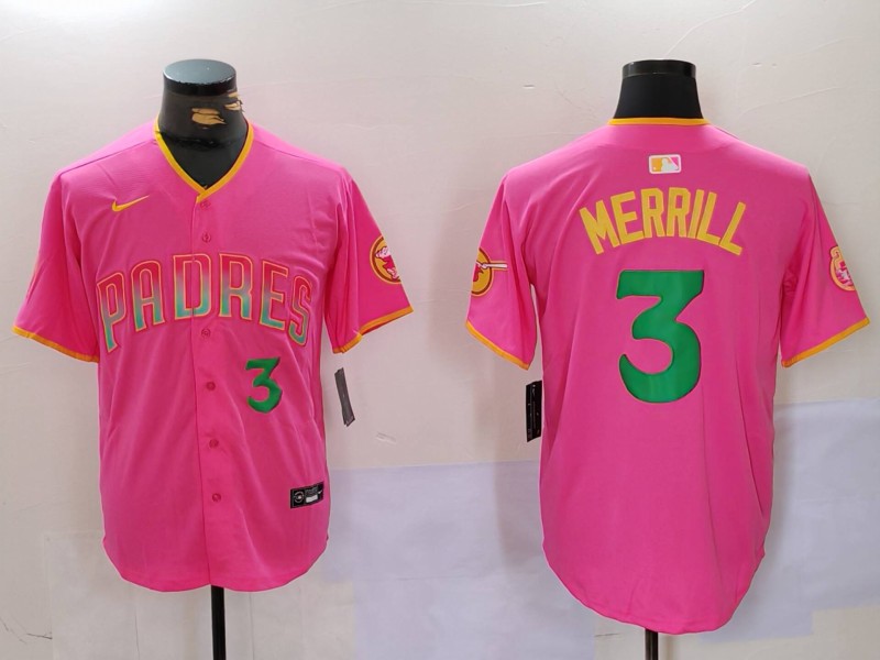 Men's San Diego Padres #3 Jackson Merrill Red Cool Base Stitched Baseball Jersey 001
