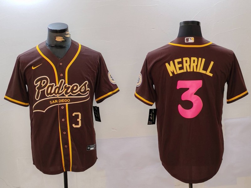 Men's San Diego Padres #3 Jackson Merrill Brown Cool Base Stitched Baseball Jersey 6