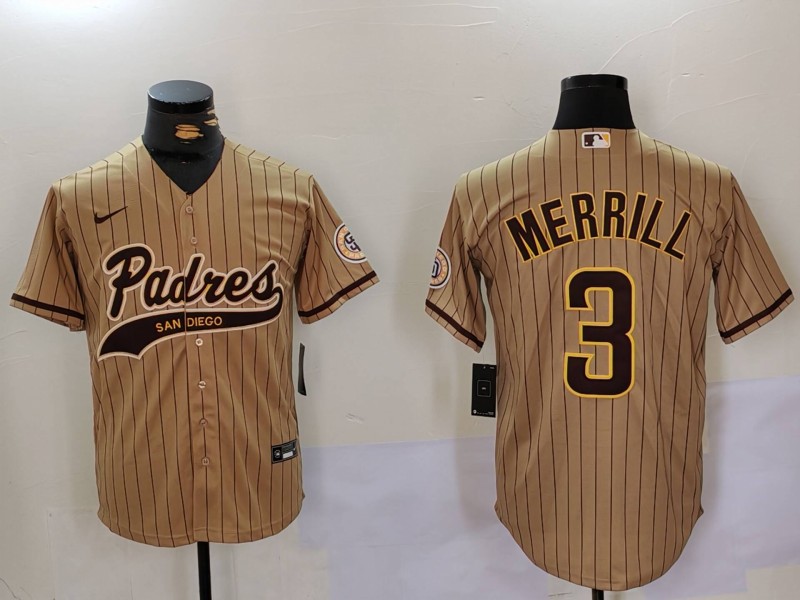 Men's San Diego Padres #3 Jackson Merrill Brown Cool Base Stitched Baseball Jersey 5