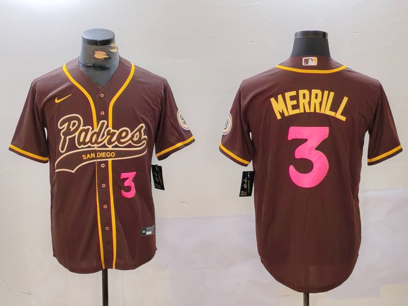 Men's San Diego Padres #3 Jackson Merrill Brown Cool Base Stitched Baseball Jersey 2