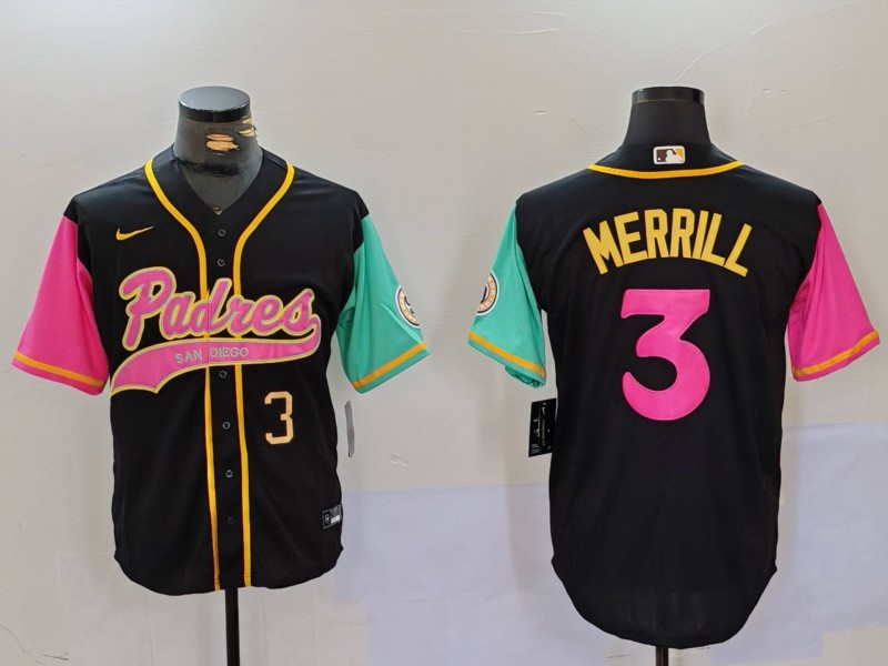 Men's San Diego Padres #3 Jackson Merrill Black Cool Base Stitched Baseball Jersey 8