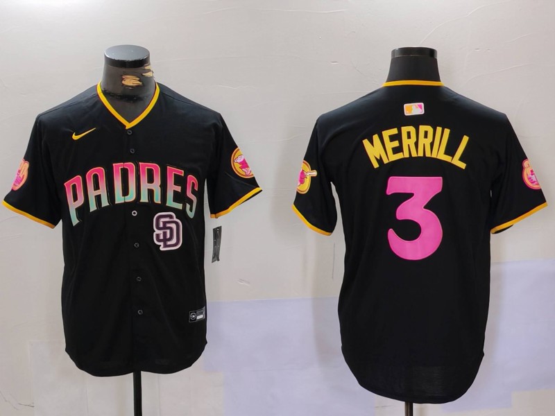 Men's San Diego Padres #3 Jackson Merrill Black Cool Base Stitched Baseball Jersey 6