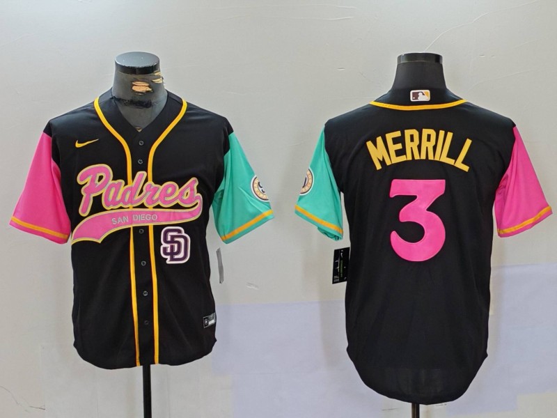 Men's San Diego Padres #3 Jackson Merrill Black Cool Base Stitched Baseball Jersey 2