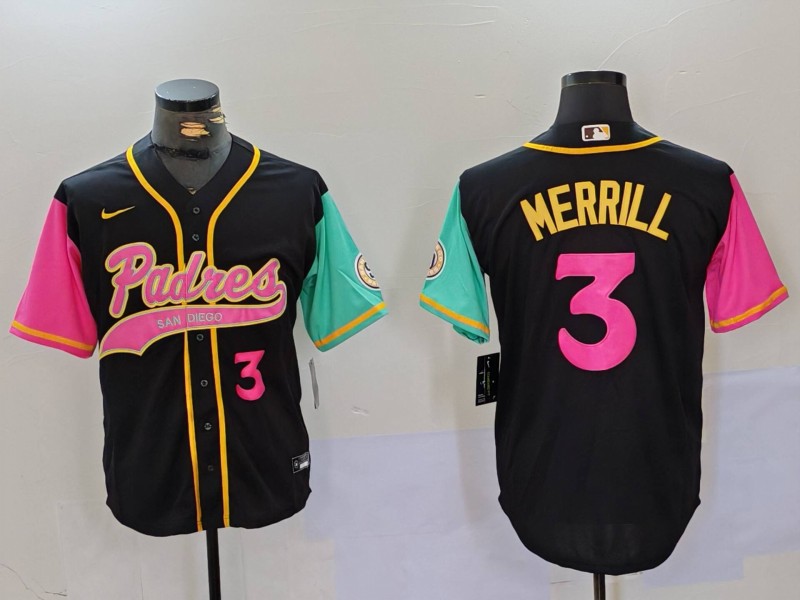Men's San Diego Padres #3 Jackson Merrill Black Cool Base Stitched Baseball Jersey 1