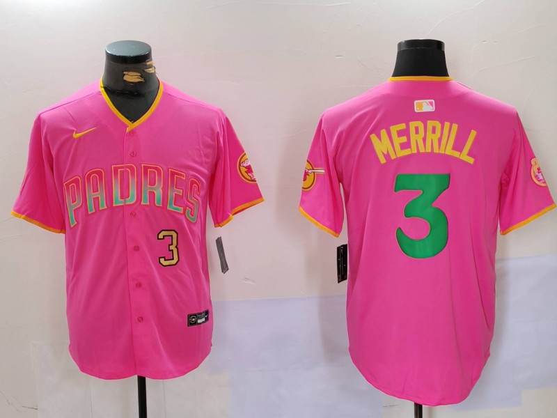 Men's San Diego Padres #3 Jackson Merrill Red Cool Base Stitched Baseball Jersey 8