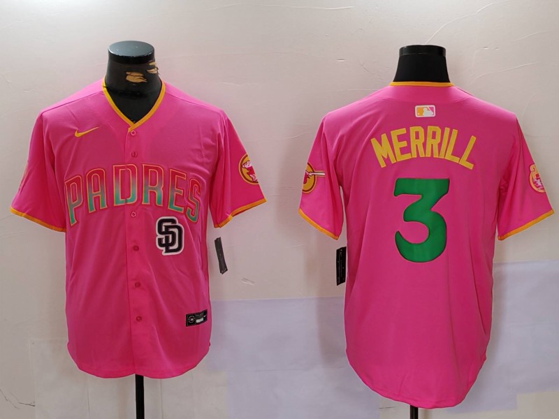 Men's San Diego Padres #3 Jackson Merrill Red Cool Base Stitched Baseball Jersey 6