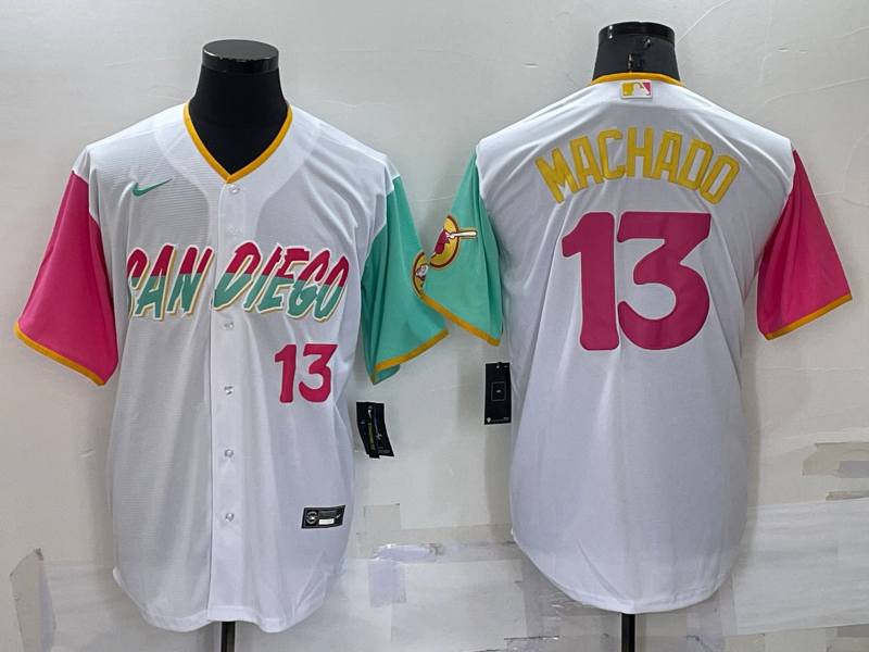 Men's San Diego Padres #13 Manny Machado 2022 White City Connect Cool Base Stitched Jersey