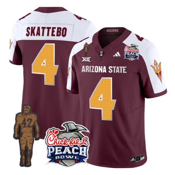 Men's Arizona State Sun Devils #4 Cam Skattebo 2024 F.U.S.E. Maroon White Pat Tillman & Peach Bowl Patch Vapor Limited Stitched Jersey