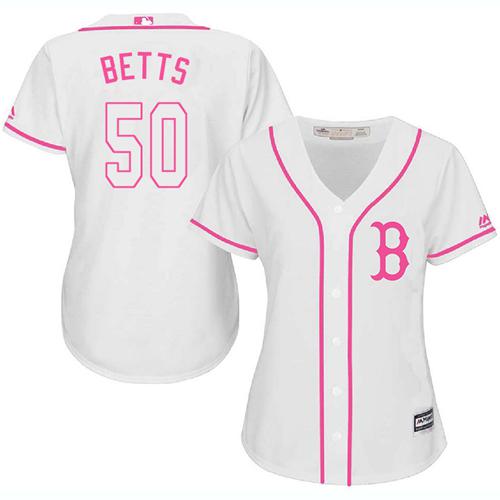 Red Sox #50 Mookie Betts White Pink Fashion Women's Stitched MLB Jersey