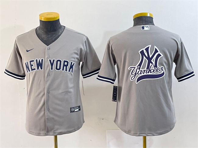 Youth New York Yankees Gray Team Big Logo Cool Base Stitched Baseball Jersey 2