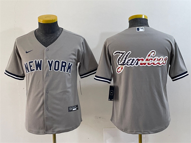 Youth New York Yankees Gray Team Big Logo Cool Base Stitched Baseball Jersey 1