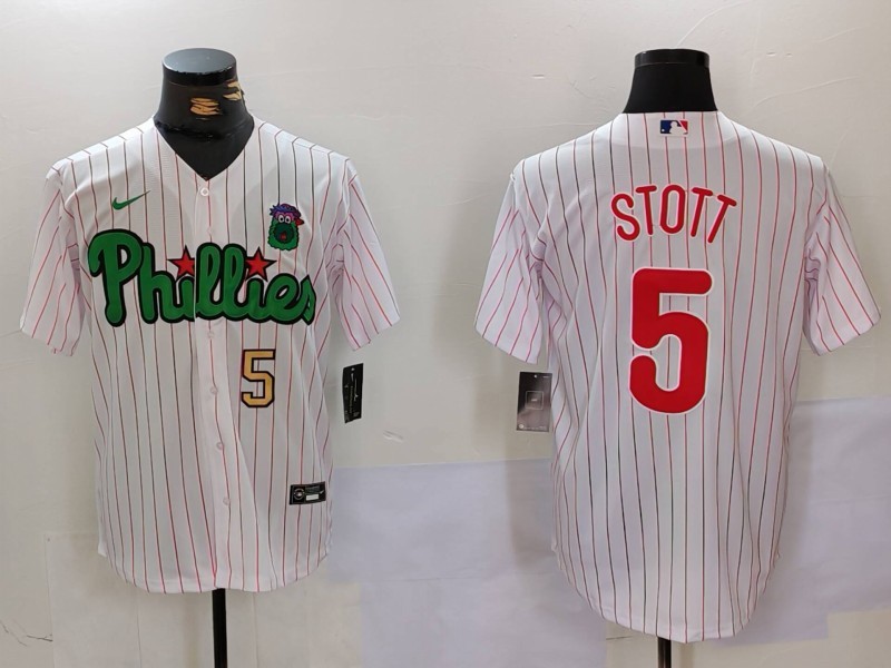 Men's Philadelphia Phillies #5 Bryson Stott White Green Cool Base Stitched Jersey 3
