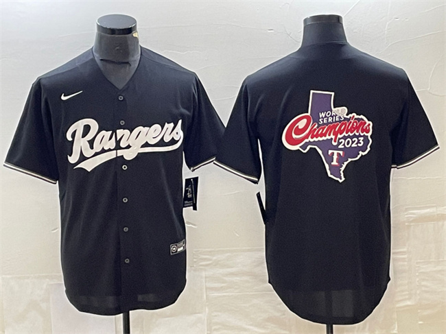 Men's Texas Rangers Black 2023 World Series Champions Big Logo Cool Base Stitched Baseball Jerseys