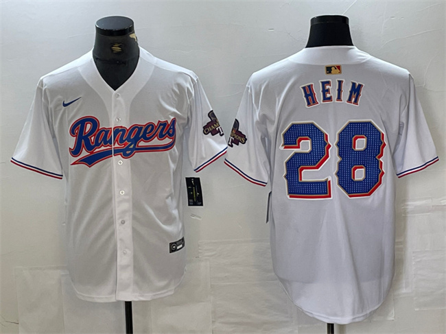 Men's Texas Rangers #28 Jonah Heim White Gold Cool Base Stitched Baseball Jersey