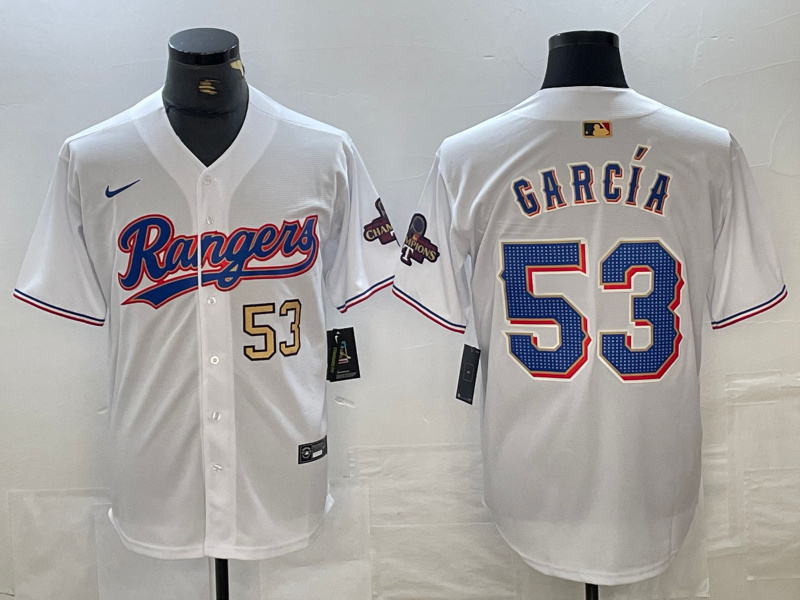 Men's Texas Rangers #53 Adolis García White Gold Cool Base Stitched Baseball Jersey 7