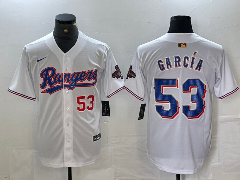 Men's Texas Rangers #53 Adolis García White Gold Cool Base Stitched Baseball Jersey 2