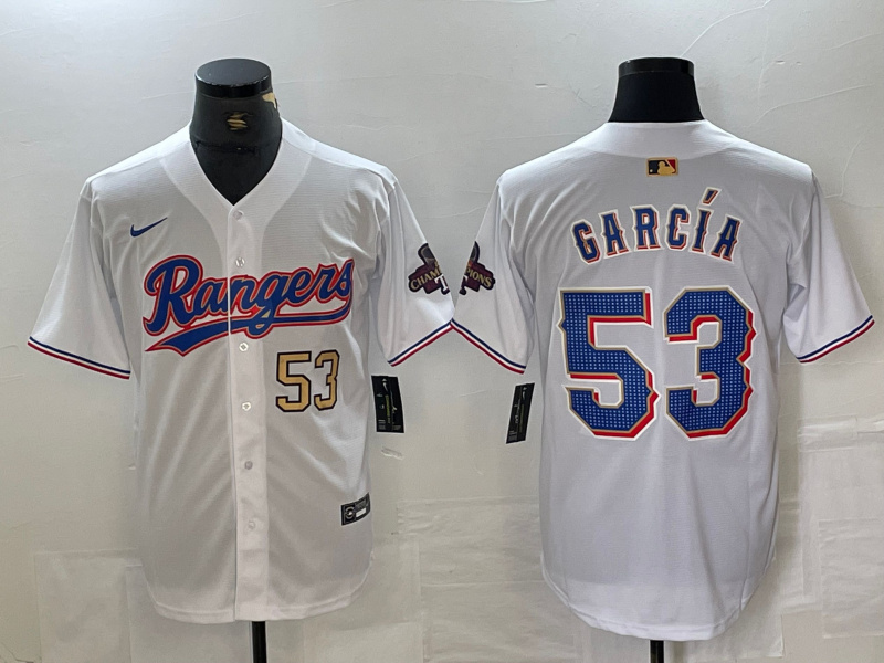 Men's Texas Rangers #53 Adolis García White Gold Cool Base Stitched Baseball Jersey 1