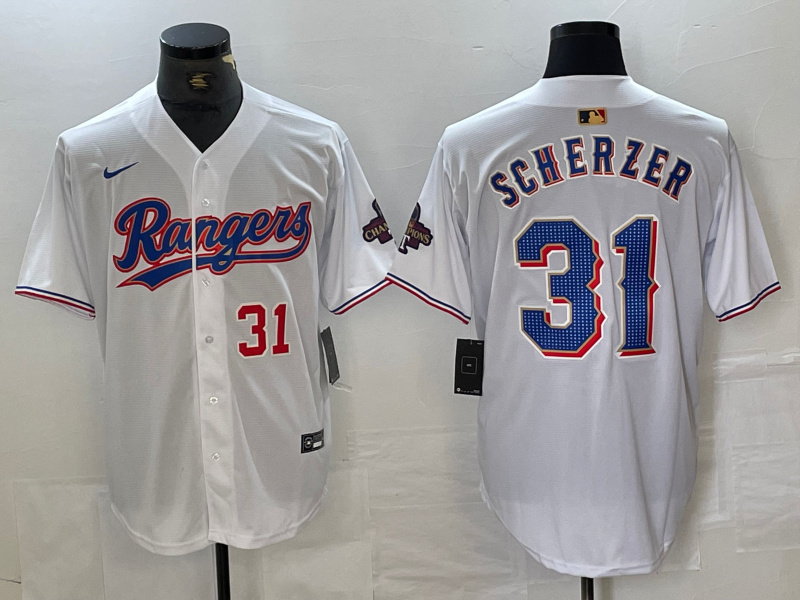 Men's Texas Rangers #31 Max Scherzer White Gold Cool Base Stitched Baseball Jersey 6