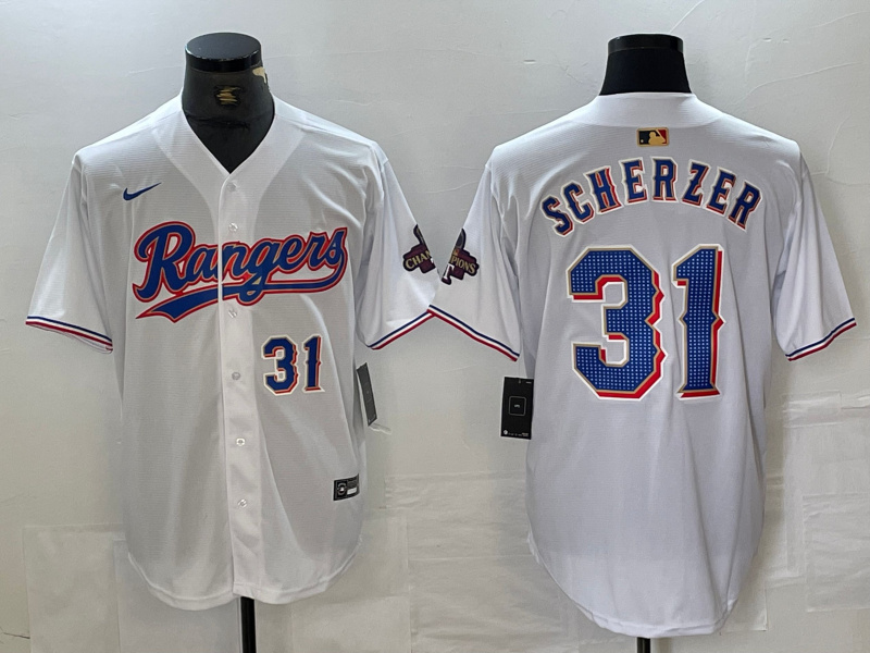Men's Texas Rangers #31 Max Scherzer White Gold Cool Base Stitched Baseball Jersey 4