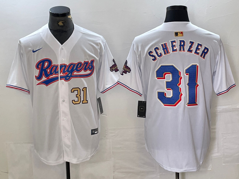 Men's Texas Rangers #31 Max Scherzer White Gold Cool Base Stitched Baseball Jersey 3