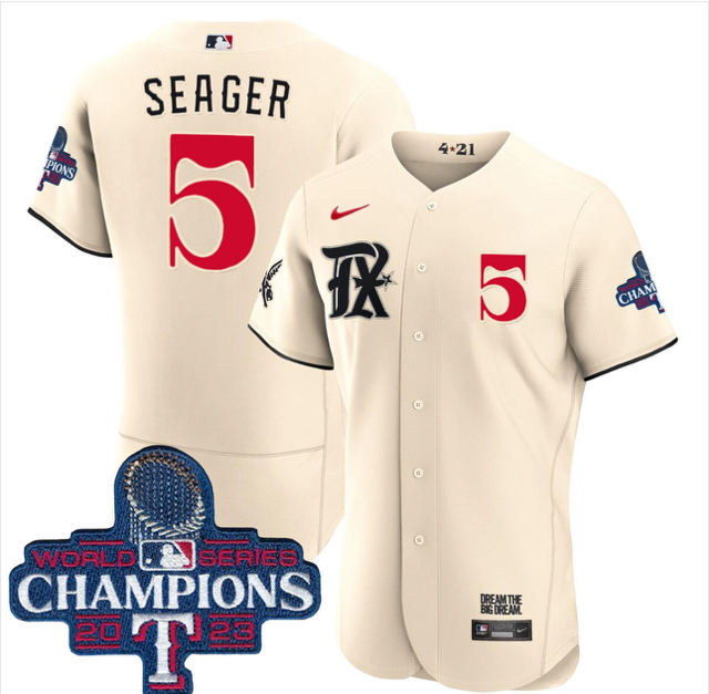 Men's Texas Rangers #5 Corey Seager Cream 2023 World Series Champions Stitched Baseball Jersey